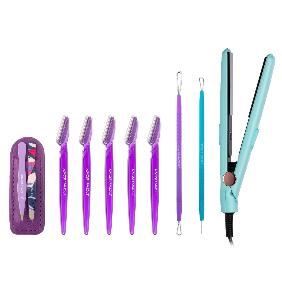 ALMOST FAMOUS "Smooth & Clear" Grooming Set | Mini Flat Iron, Blemish Tool Set, Tweezer Duo & Dermaplaning Razors