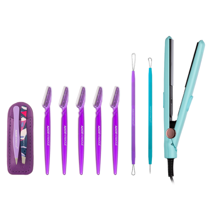 ALMOST FAMOUS "Smooth & Clear" Grooming Set | Mini Flat Iron, Blemish Tool Set, Tweezer Duo & Dermaplaning Razors