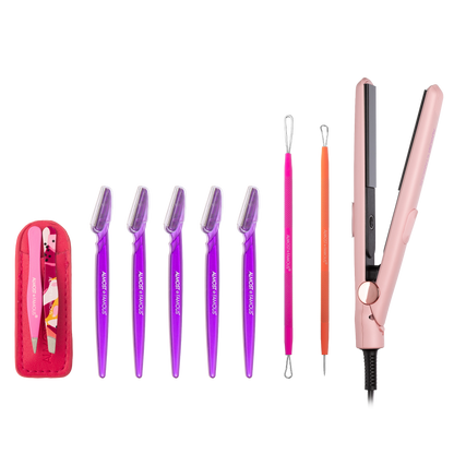 ALMOST FAMOUS "Smooth & Clear" Grooming Set | Mini Flat Iron, Blemish Tool Set, Tweezer Duo & Dermaplaning Razors