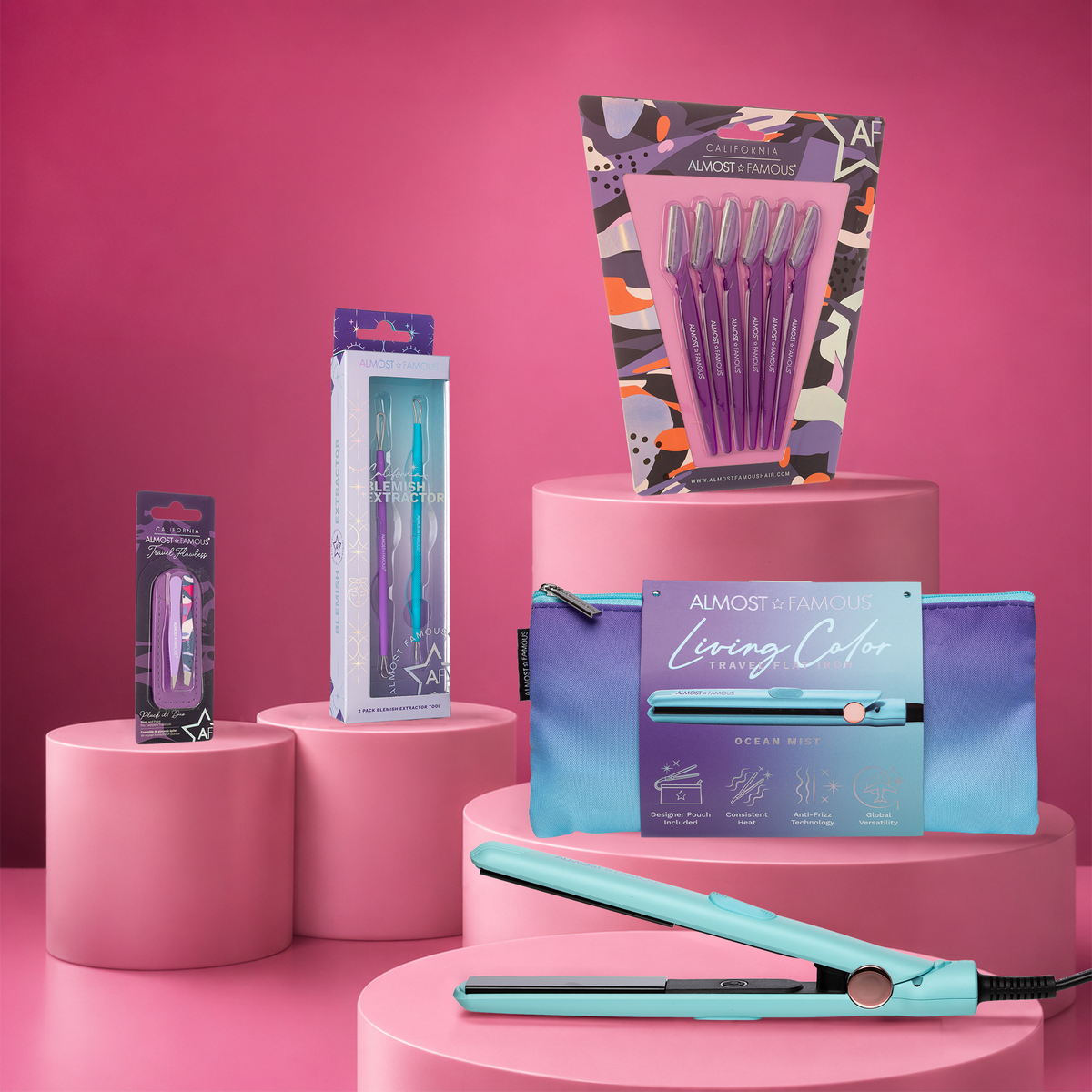 ALMOST FAMOUS "Smooth & Clear" Grooming Set | Mini Flat Iron, Blemish Tool Set, Tweezer Duo & Dermaplaning Razors